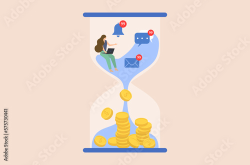 Overwhelmed business work to manage in deadline, too much work in deadline vector, woman is working over time for more money, woman’s working hard vector, businesswoman work hard for more salary.