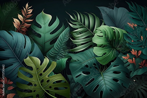 Many green tropical leaves background. Ai generative