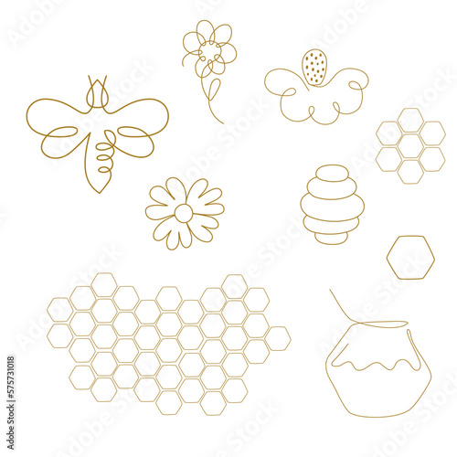 One line honey bee logo set. Single continuous line drawing icons flowers, honey bee, bee jar, beehive honeycomb in one continuous line. Minimalist linear sketch isolated element. Vector illustration.
