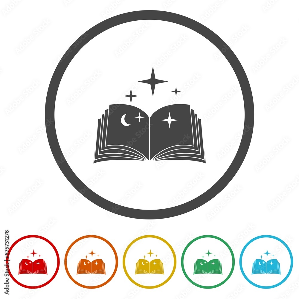Magic spell book icons in color circle buttons Magic spell book icons in color circle buttons