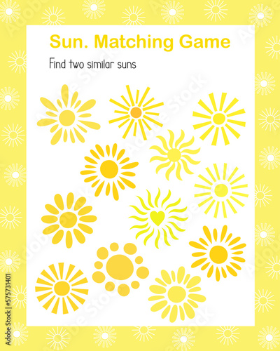 Find and join two similar suns educational activity for children simple summer vector illustration, puzzle, printable seasonal worksheet, leisure, study activity, teachers resources