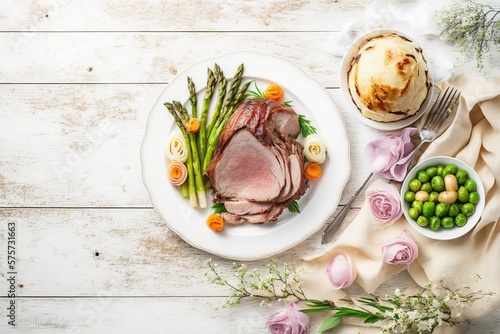 Classic Easter ham dinner. Above view frame on a white wood background with copy space. stock photo Easter, Food, Table, Dinner, Meal