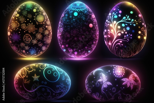 Beautiful Easter Eggs with Digital Design and Neon Lights on a Dark Background. Digital Art Illustration