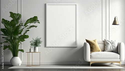 Blank picture frame mockup on white wall. Modern living room design. Three vertical templates for artwork and painting. Generative AI. 