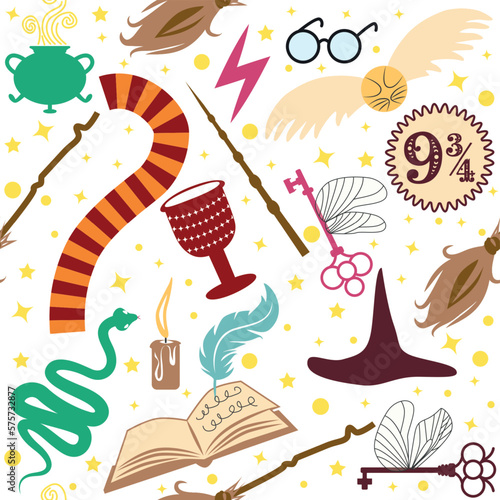 Magic items seamless pattern in flat style. Pumpkin, key, magic ball, feather, spider, purple hat, broom, skull, snake