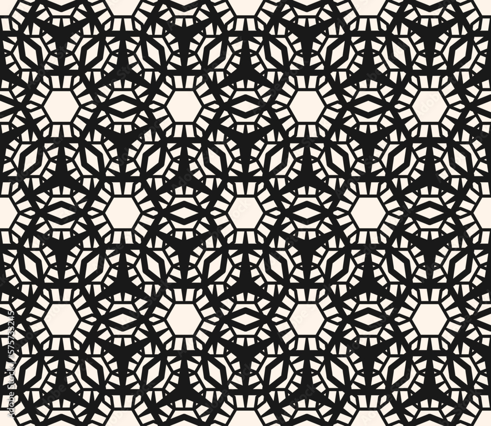 Vector geometric seamless pattern. Black and white texture with abstract floral grid, hexagons, diamonds, triangles, lattice, net. Simple monochrome ornament background. Repetitive decorative design Vector geometric seamless pattern. Black and white texture with abstract floral grid, hexagons, diamonds, triangles, lattice, net. Simple monochrome ornament background. Repetitive decorative design