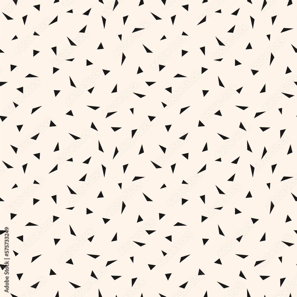 Vector minimalist geometric texture with small chaotic triangles, tiny shapes. Abstract modern seamless pattern. Simple minimal monochrome background. Black and white repeat decorative geo design Vector minimalist geometric texture with small chaotic triangles, tiny shapes. Abstract modern seamless pattern. Simple minimal monochrome background. Black and white repeat decorative geo design