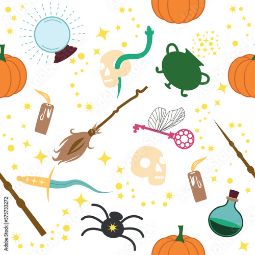Magic items seamless pattern in flat style. Pumpkin, key, magic ball, feather, spider, purple hat, broom, skull, snake