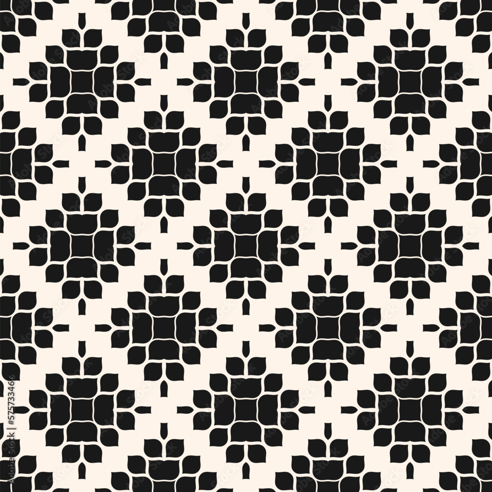 Vector geometric floral pattern. Elegant black and white abstract ornament texture with flower silhouettes, petals, leaves, grid. Simple monochrome background. Repeat design for decor, wallpapers Vector geometric floral pattern. Elegant black and white abstract ornament texture with flower silhouettes, petals, leaves, grid. Simple monochrome background. Repeat design for decor, wallpapers