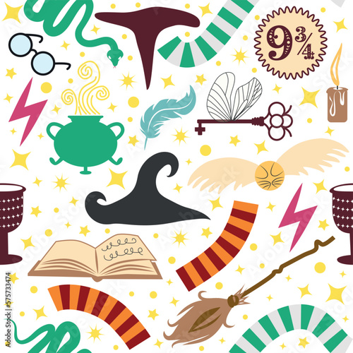 Magic items seamless pattern in flat style. Pumpkin, key, magic ball, feather, spider, purple hat, broom, skull, snake