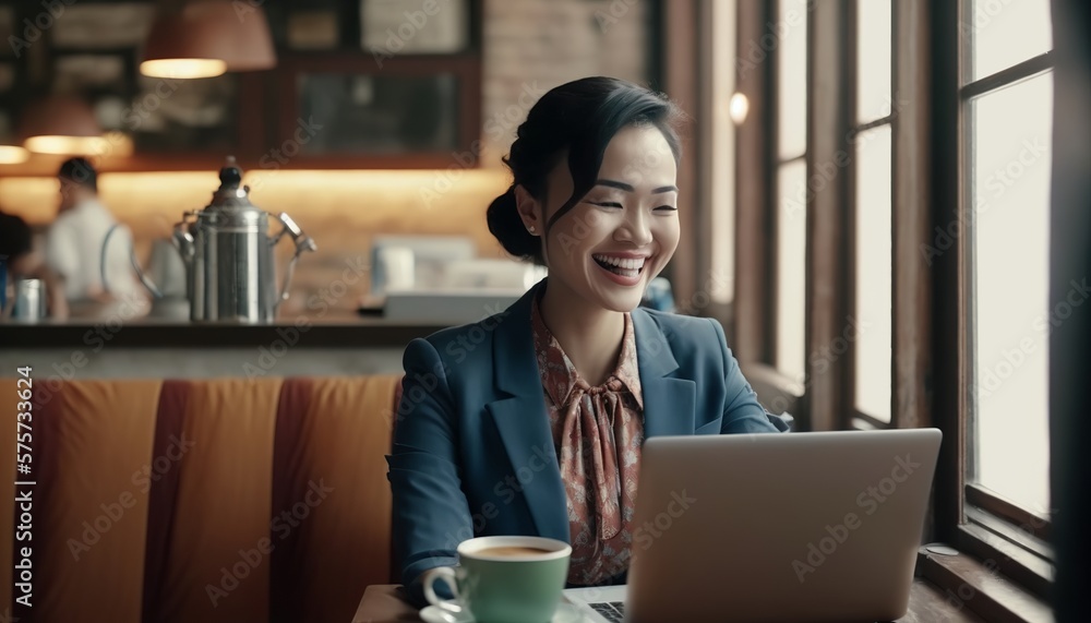 Happy smiling asian woman working with laptop in a Cafe. business financial concept Happy smiling asian woman working with laptop in a Cafe. business financial concept
