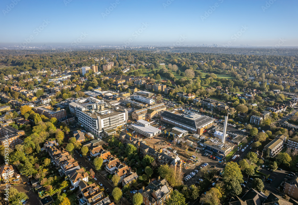The drone aerial view of residential area around Kingston hospital, Kingston upon Thames, Greater London.	