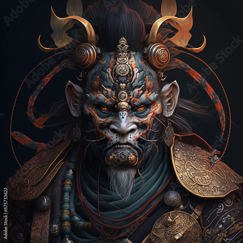 Japanese mythology. Daikokuten, the Japanese mythological god. Created with Generative AI technology.