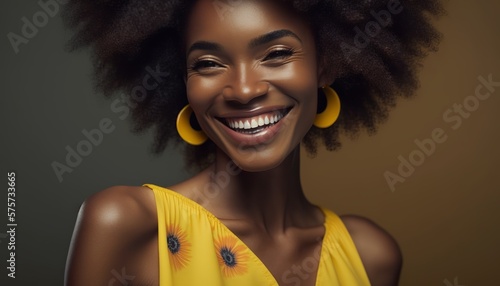 Young beautiful, African woman smiling, in a bright yellow dress, isolated against a black background, People, enjoy life, lifestyle, concept photo