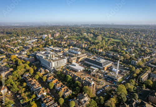 The drone aerial view of residential area around Kingston hospital, Kingston upon Thames, Greater London.	
