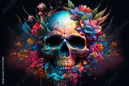 illustration, dark fantasy design human skull and lush flowers, ai generative