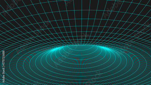 Futuristic abstract teleport texture of wormhole portal. 3D frame hole grid or donut background. For website and banner design. Big data visualization. Vector illustration.