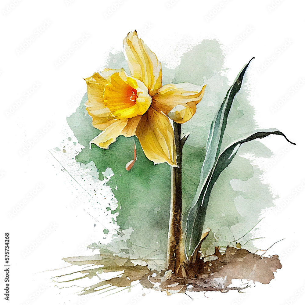 narcissus in watercolour, spring flower, yellow flower - obrazy, fototapety, plakaty 