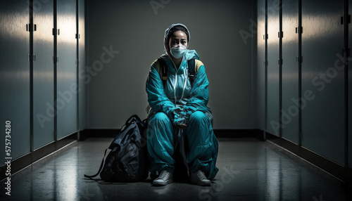 Tired mixed race healthcare worker, nurse paramedic with mask, sitting in a hospital hallway. Pandemic concept.