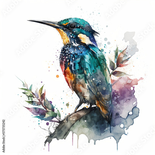 Photo kingfisher on a branch, watercolor with transparent White background