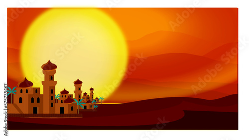 Small Middle Eastern settlement at sunset. Arabian desert landscape with traditional brick and stone constructions. islamic architecture. Religion and cultures. Vector illustration.