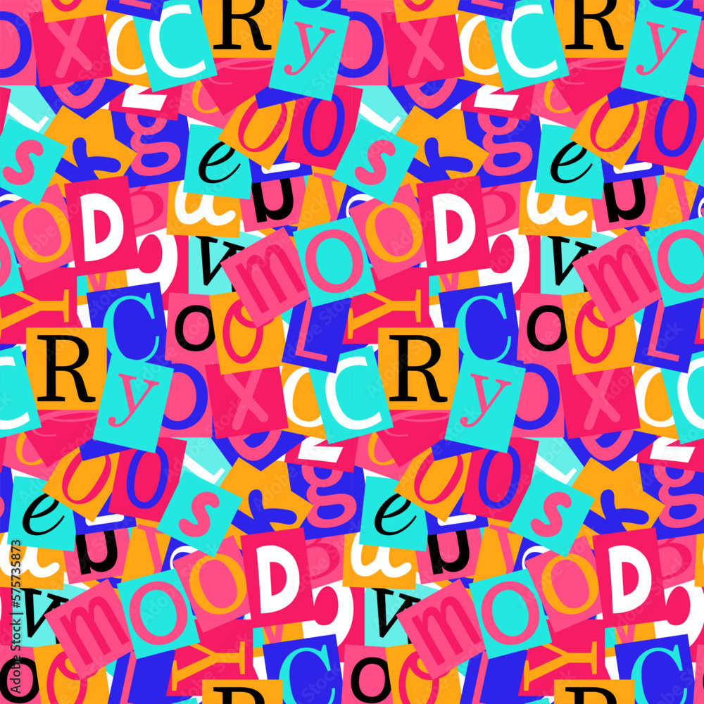 Seamless pattern with letters cutting from magazines in y2k style, 90s style. Seamless pattern with letters cutting from magazines in y2k style, 90s style.