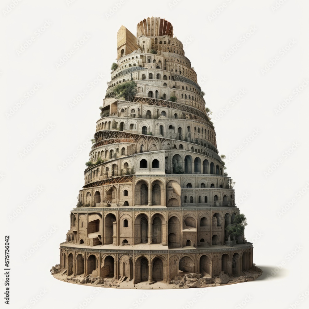 The Tower of Babel narrative in Genesis 11:1–9 is an origin myth and parable meant to explain why the world's peoples speak different languages, AI generated