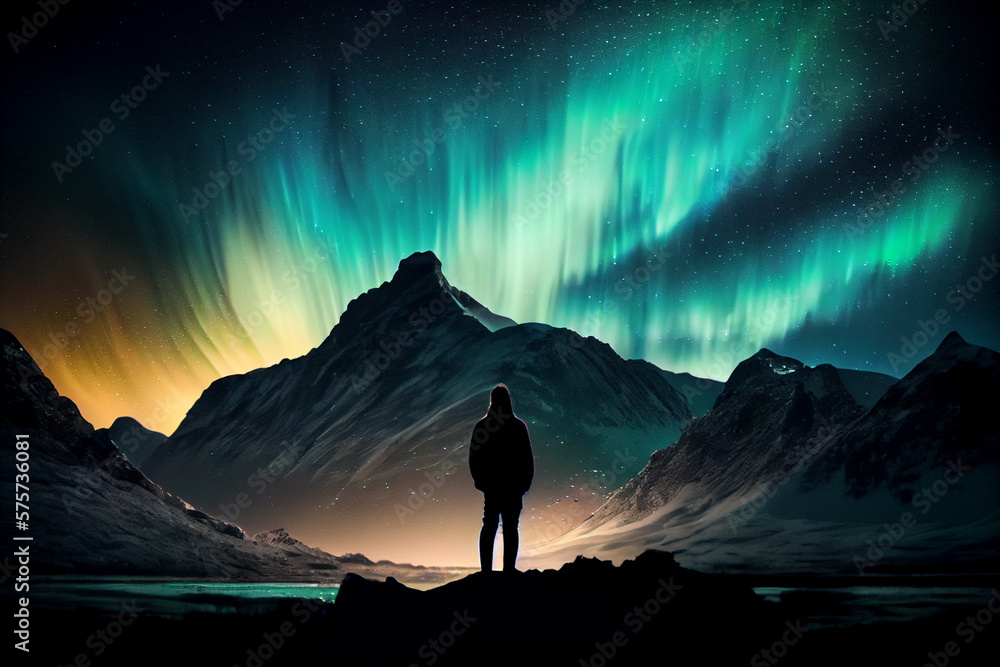 silhouette of a person in the mountains watching the beautiful aurora borealis in the sky.generative ai