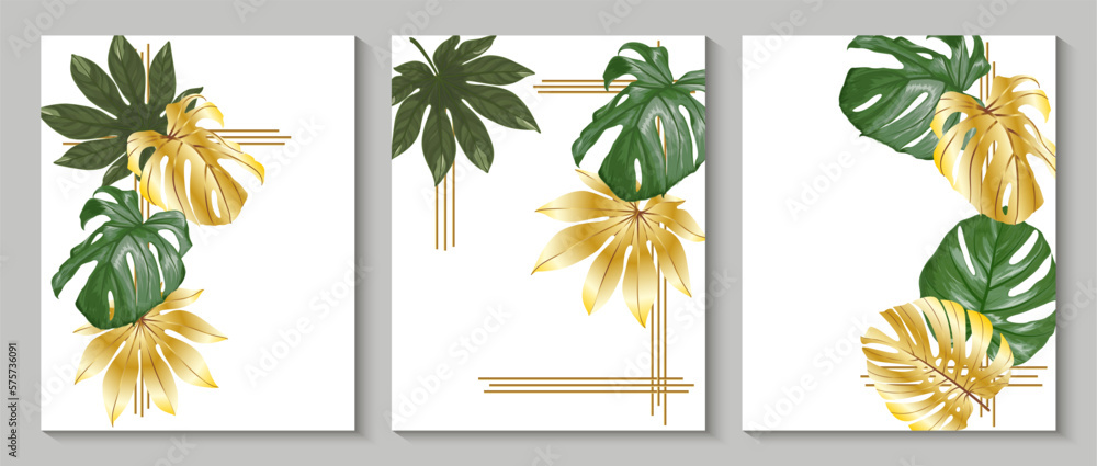 Set of modern creative illustrations with tropical leaves. Gold and green. Art design for home decor, banners, and prints. Vector illustration