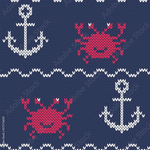 Nautical anchor and crab knitted seamless pattern for knit wear. Navy blue background. Vector illustration.