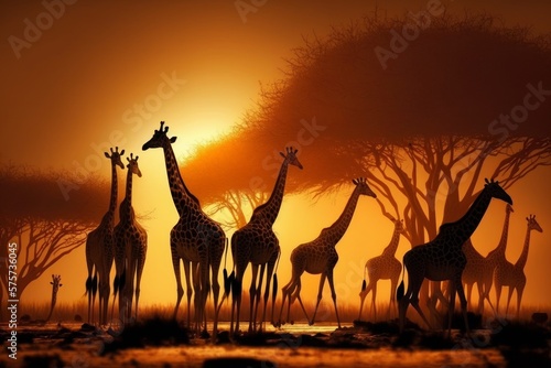 Herd of giraffes in the setting sun  AI generated