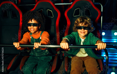 Kids having fun on a carnival Carousel