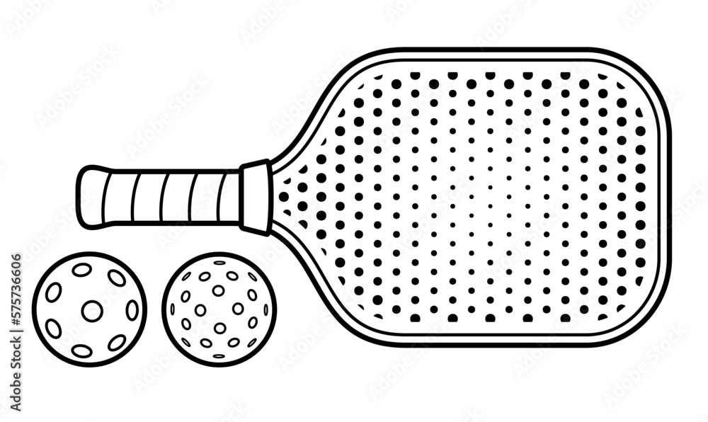 Silhouettes of Pickleball Racket and Balls for Outdoor and Indoor Game in Outline Style Stock