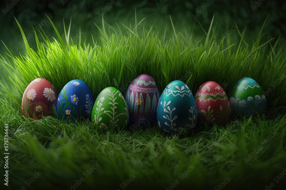 Easter eggs in grass, Generative AI