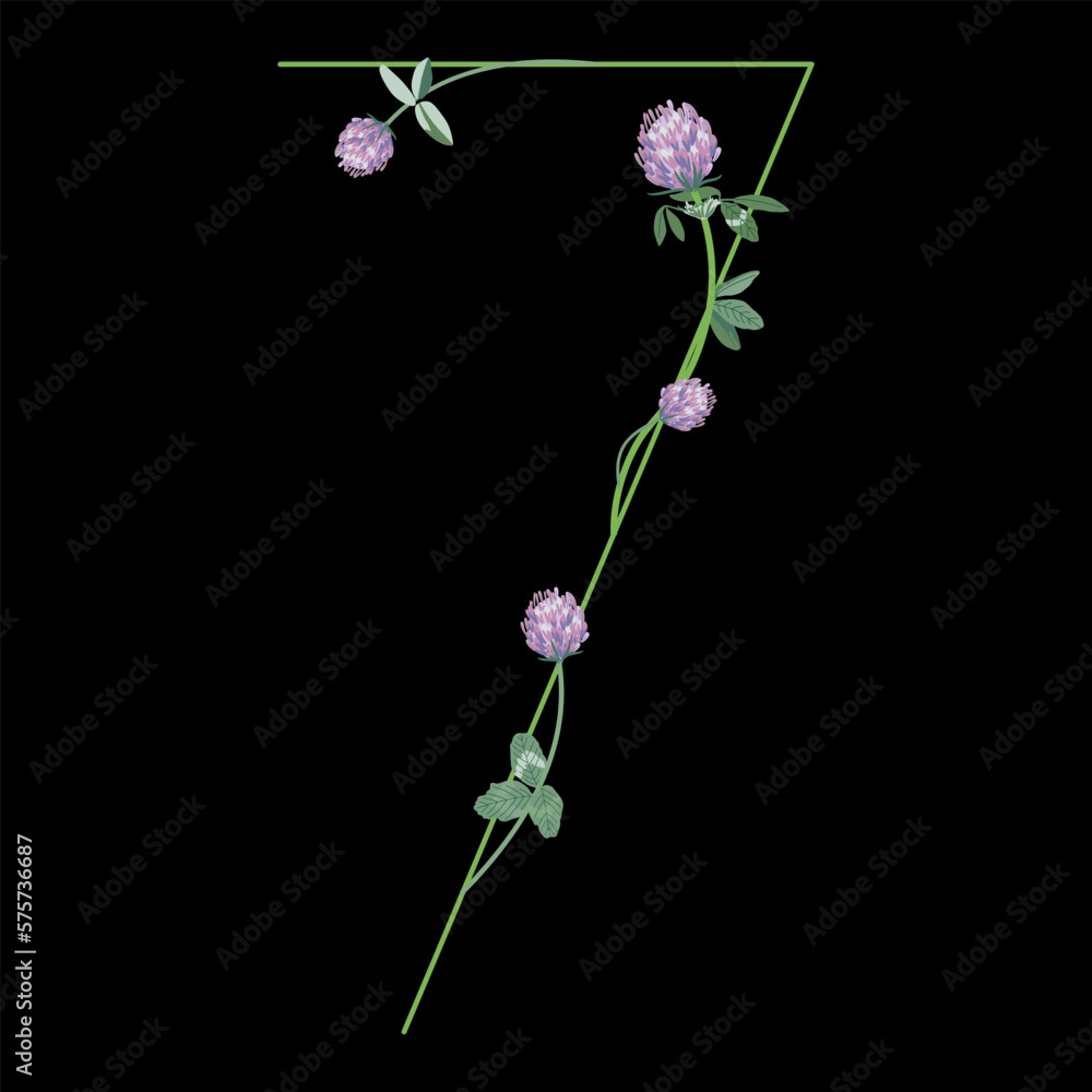 Numeral seven with red clover branches. Floral font. Number 7. On black background. Numeral seven with red clover branches. Floral font. Number 7. On black background.