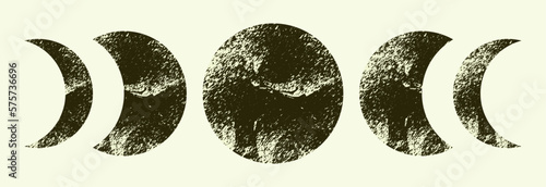 Graphic set with moon phases. Image of the cycle of the moon in vintage style. Textured moon with a magic vibe. Black and white image. Vector.