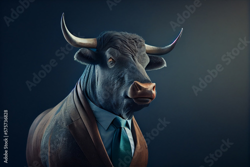 Portrait of a bull dressed in a formal business suit.generative ai