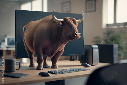  bull is sitting at the office table in front of a computer.generative ai