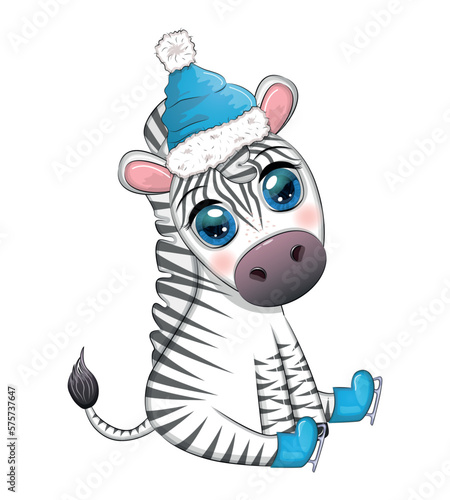Cute zebra in a hat and scarf  winter. Wildlife Holidays Cartoon Character