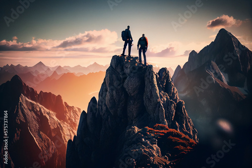 two person on top of mountain peak. goal, success and teamwork concepts.generative ai