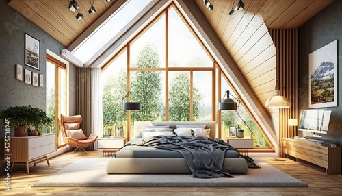 Contemporary Interior Of Suburban Home From Natural Materials Nice bedroom with light walls with a sloped ceiling, parquet floor with a carpet and panoramic windows. generative ai © Neo