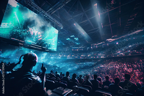 An esport event with a lot of people in a stadium with neon.generative ai