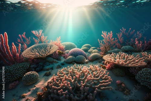 Oceanic biodiversity: Colorful corals on the reef in the shallow water. © oleksandr.info