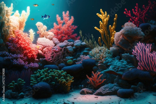 Oceanic biodiversity: Colorful corals on the reef in the shallow water.