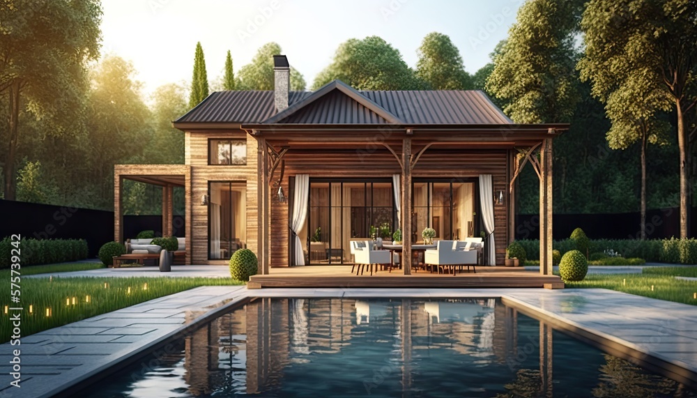 Modern Country House With Open Swimming Pool Trendy villa with a terrace with columns, wood and tiled floor and an outdoor pool with sun loungers. generative ai Modern Country House With Open Swimming Pool Trendy villa with a terrace with columns, wood and tiled floor and an outdoor pool with sun loungers. generative ai