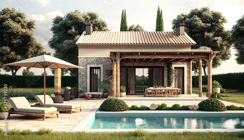 Modern Country House With Open Swimming Pool Trendy villa with a terrace with columns  wood and tiled floor and an outdoor pool with sun loungers. generative ai