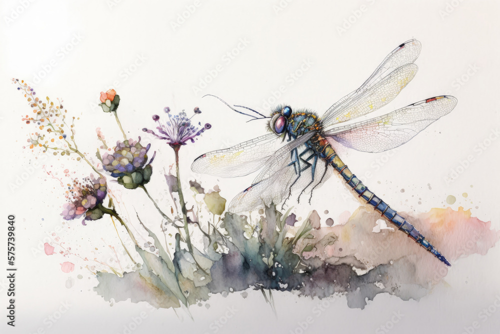 Beautiful dragonfly watercolor illustration made with Generative AI - obrazy, fototapety, plakaty 