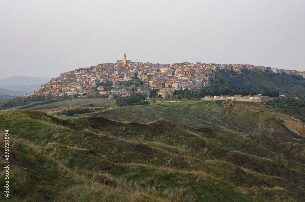 The landslide system with the gullies and in the background Montenero di Bisaccia, a small town in the lower Molise region, Italy