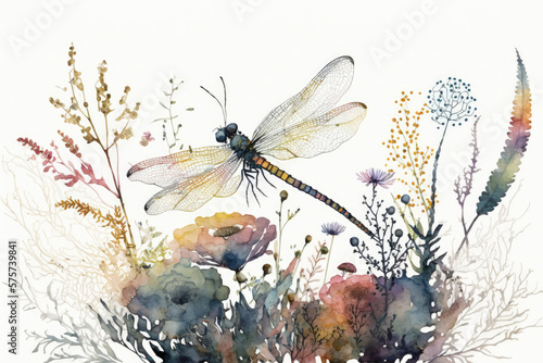 Beautiful dragonfly watercolor illustration made with Generative AI photo