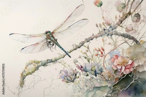 Beautiful dragonfly watercolor illustration made with Generative AI